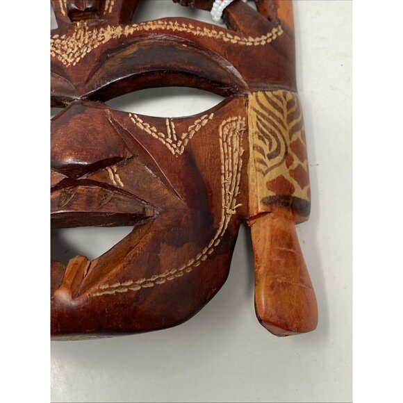 Vintage African Art Maasai Hand Carved Wood Mask Kenya 2 Faces & Elephant Beads - Picture 6 of 10